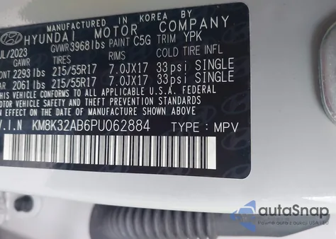 2023 Hyundai Kona Sel из США, поврежденный, VIN KM8K32AB6PU062884